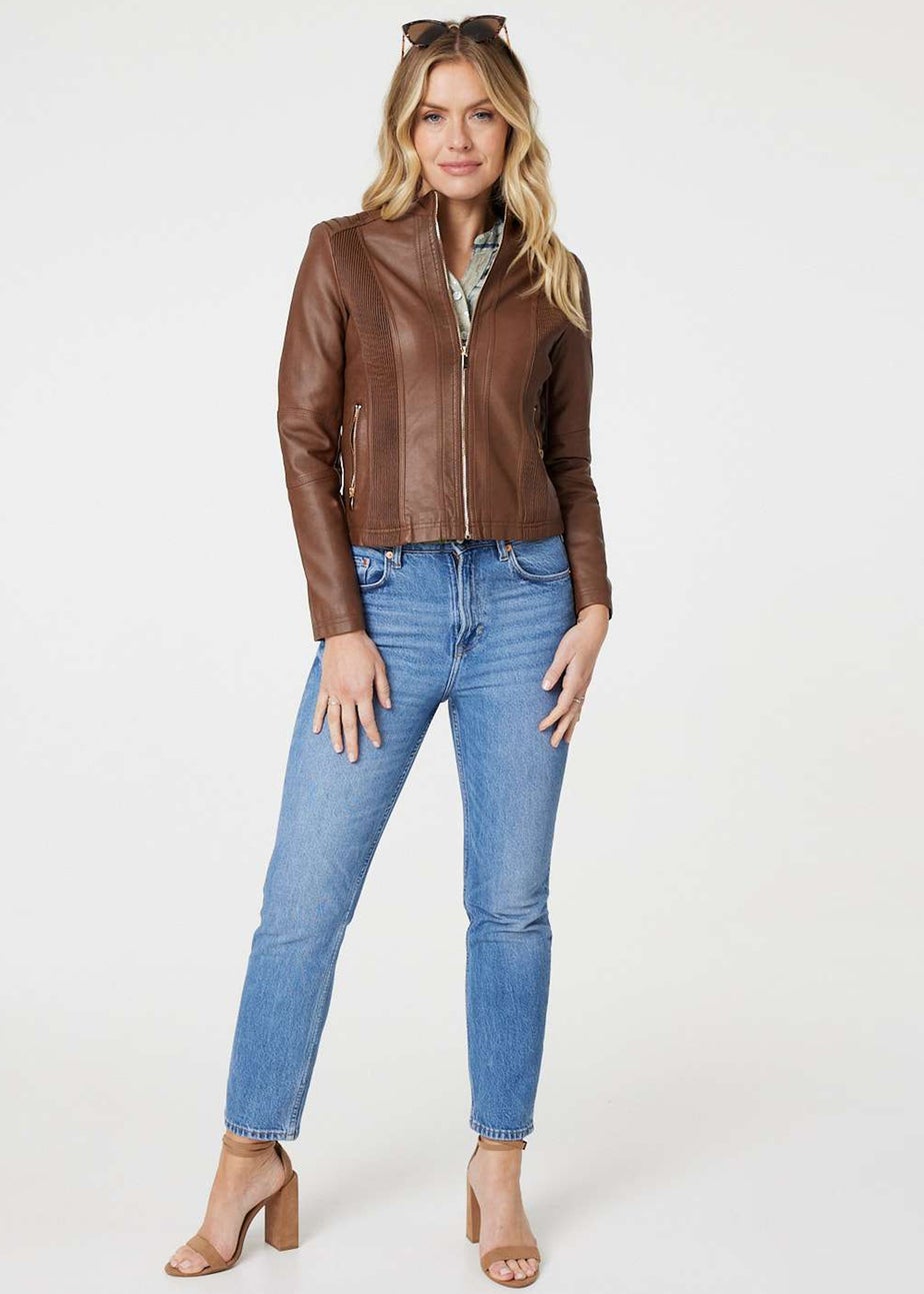 Izabel London Tan Zip Front Faux Leather Jacket