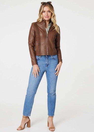 Izabel London Tan Zip Front Faux Leather Jacket