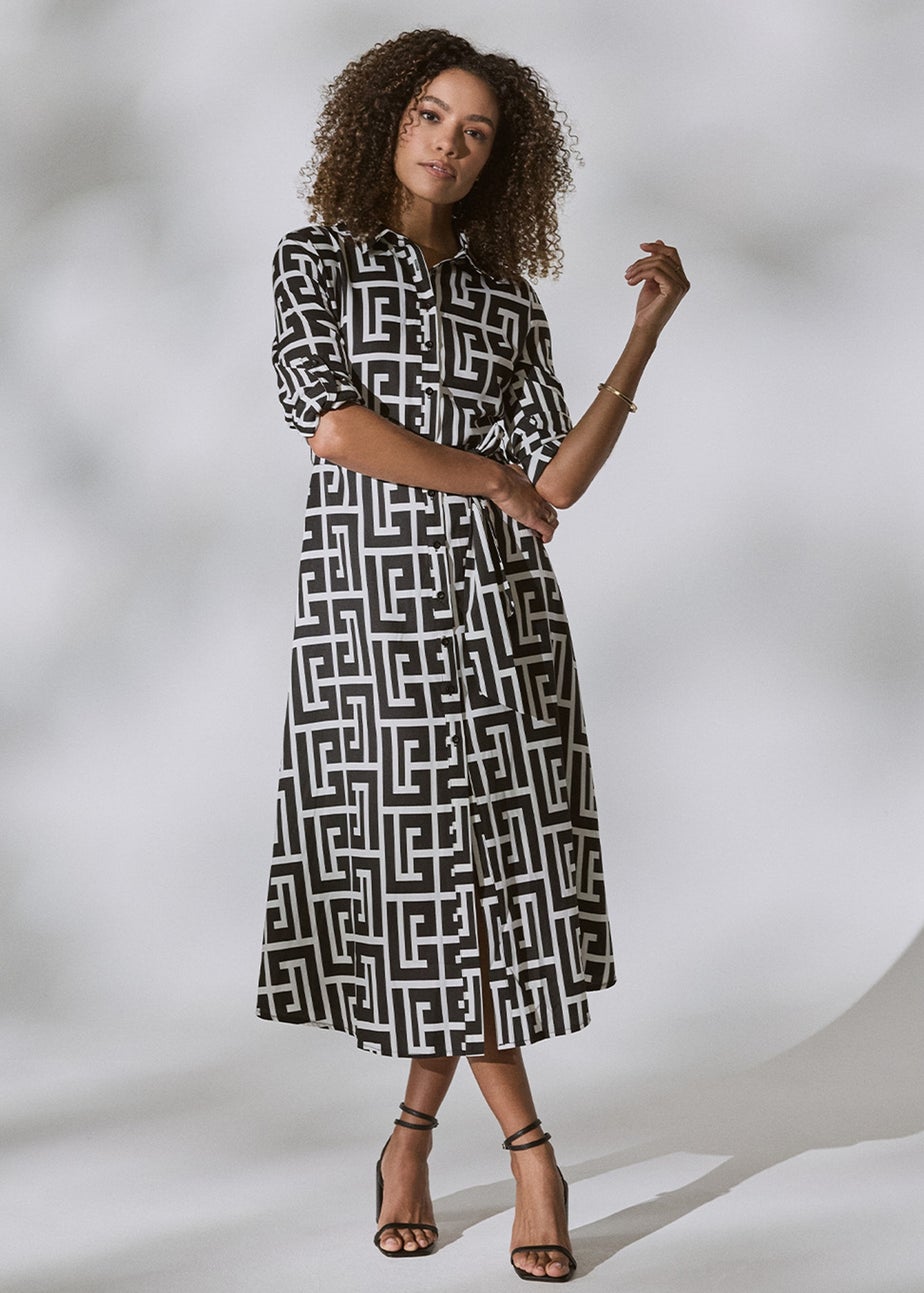 Izabel London Black Printed Tie Waist Midi Shirt Dress