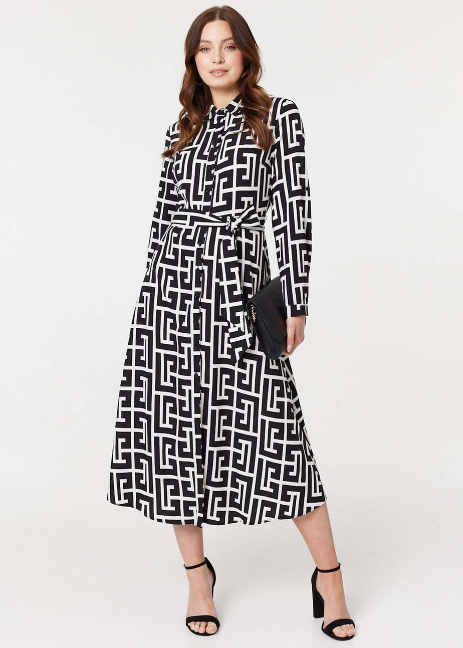 Izabel London Black Printed Tie Waist Midi Shirt Dress