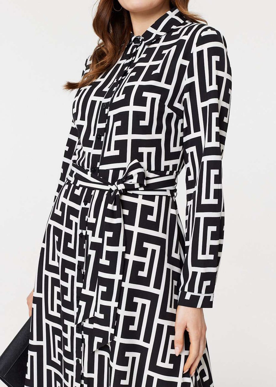 Izabel London Black Printed Tie Waist Midi Shirt Dress