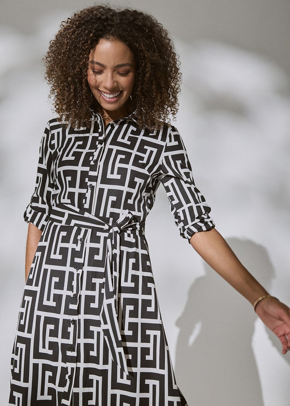 Izabel London Black Printed Tie Waist Midi Shirt Dress