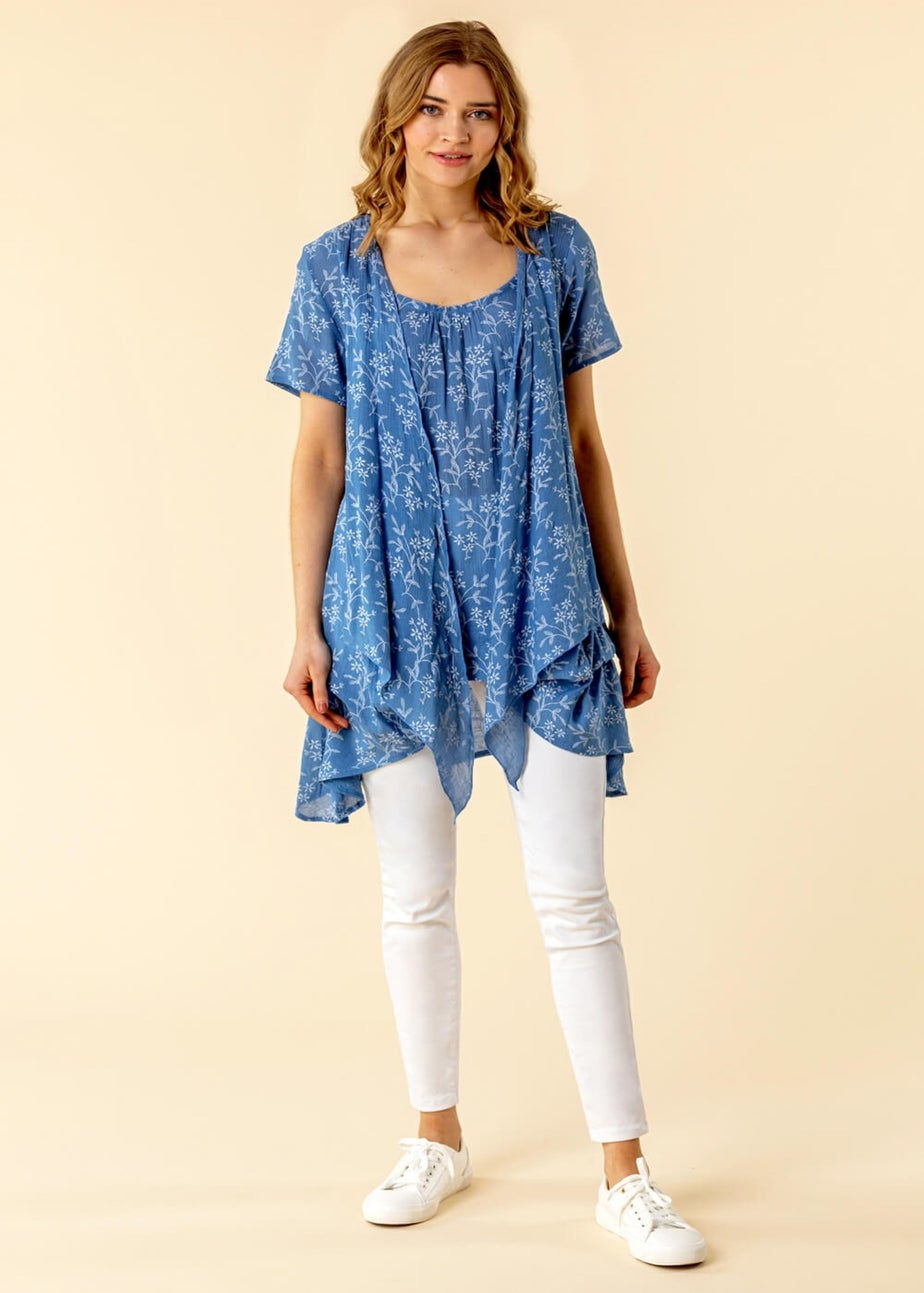 Roman Light Blue Floral Print Crinkle Tunic Top