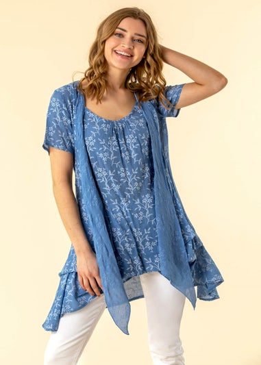 Roman Light Blue Floral Print Crinkle Tunic Top