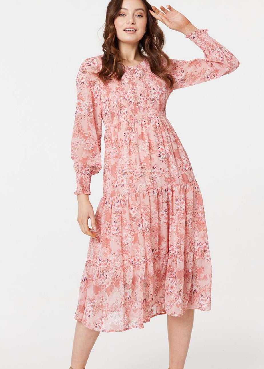 Izabel London Pink Floral Ruched Front Tiered Midi Dress