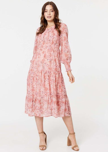 Izabel London Pink Floral Ruched Front Tiered Midi Dress