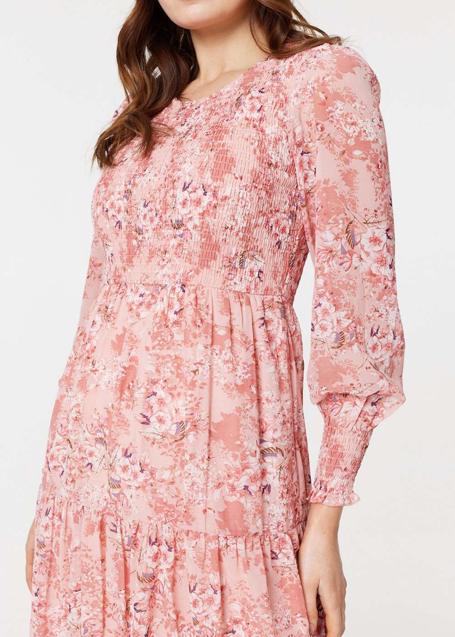 Izabel London Pink Floral Ruched Front Tiered Midi Dress
