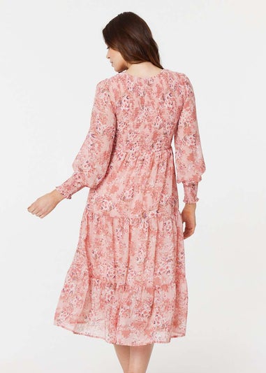 Izabel London Pink Floral Ruched Front Tiered Midi Dress