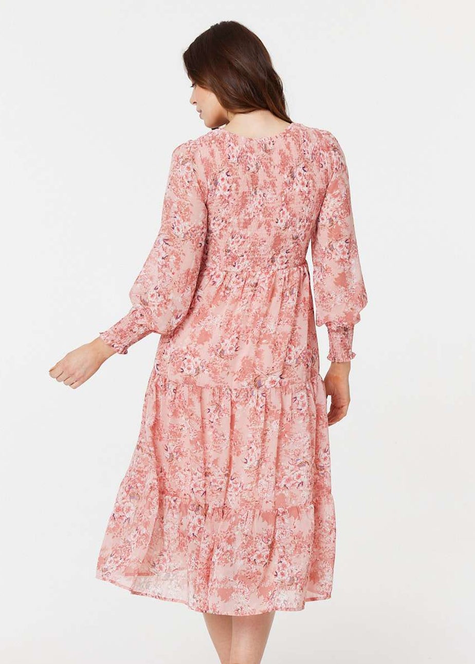 Izabel London Pink Floral Ruched Front Tiered Midi Dress