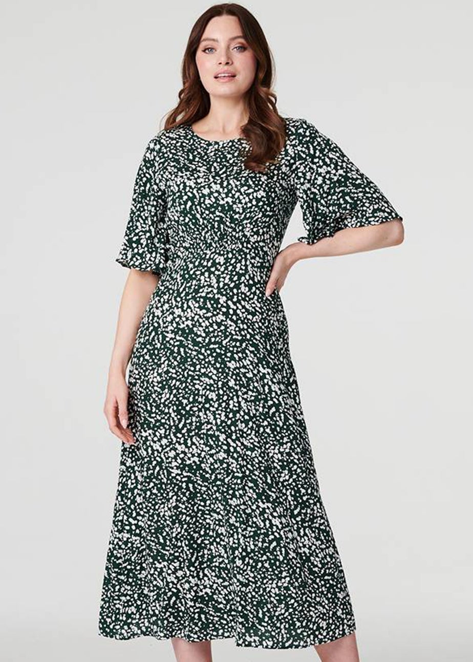 Izabel London Green Printed Angel Sleeve Midi Dress