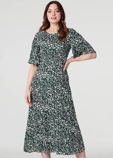 Izabel London Green Printed Angel Sleeve Midi Dress
