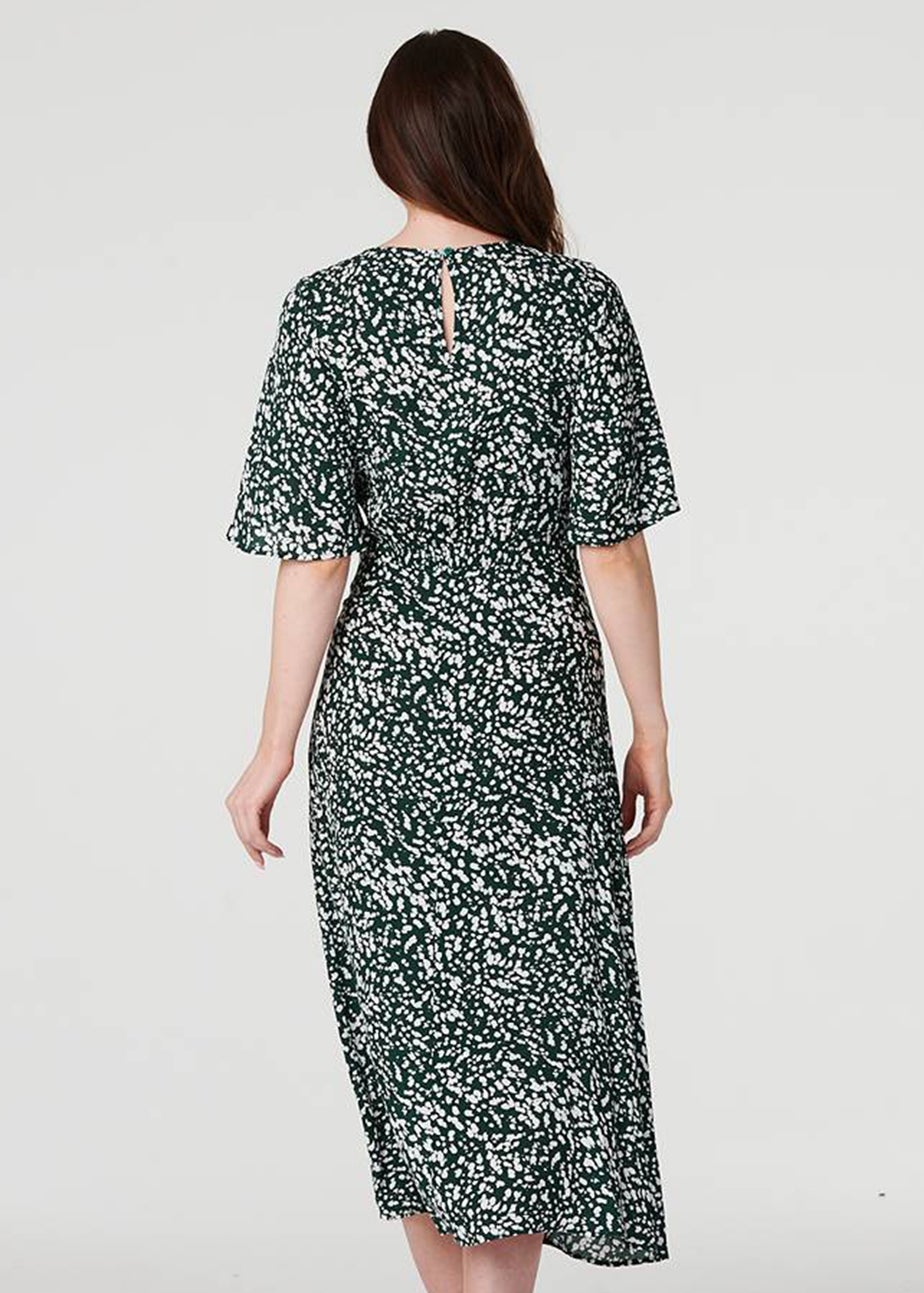 Izabel London Green Printed Angel Sleeve Midi Dress