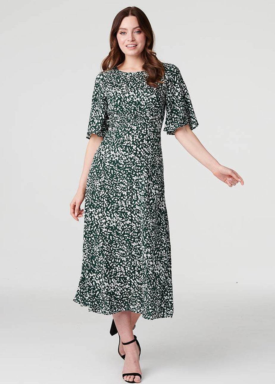 Izabel London Green Printed Angel Sleeve Midi Dress