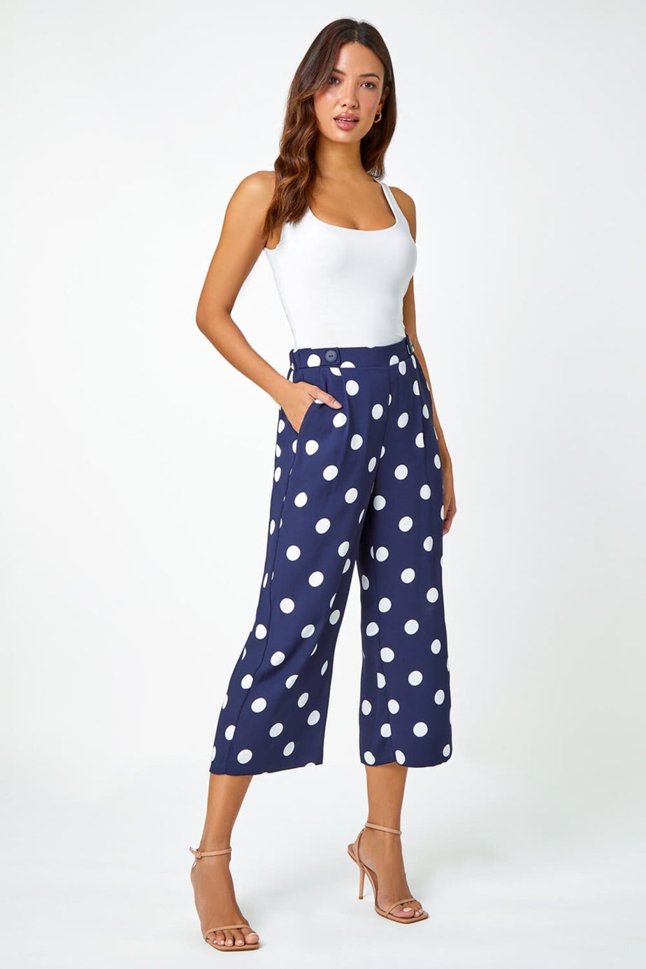 Roman Navy Polka Dot Elastic Waist Culotte Trousers