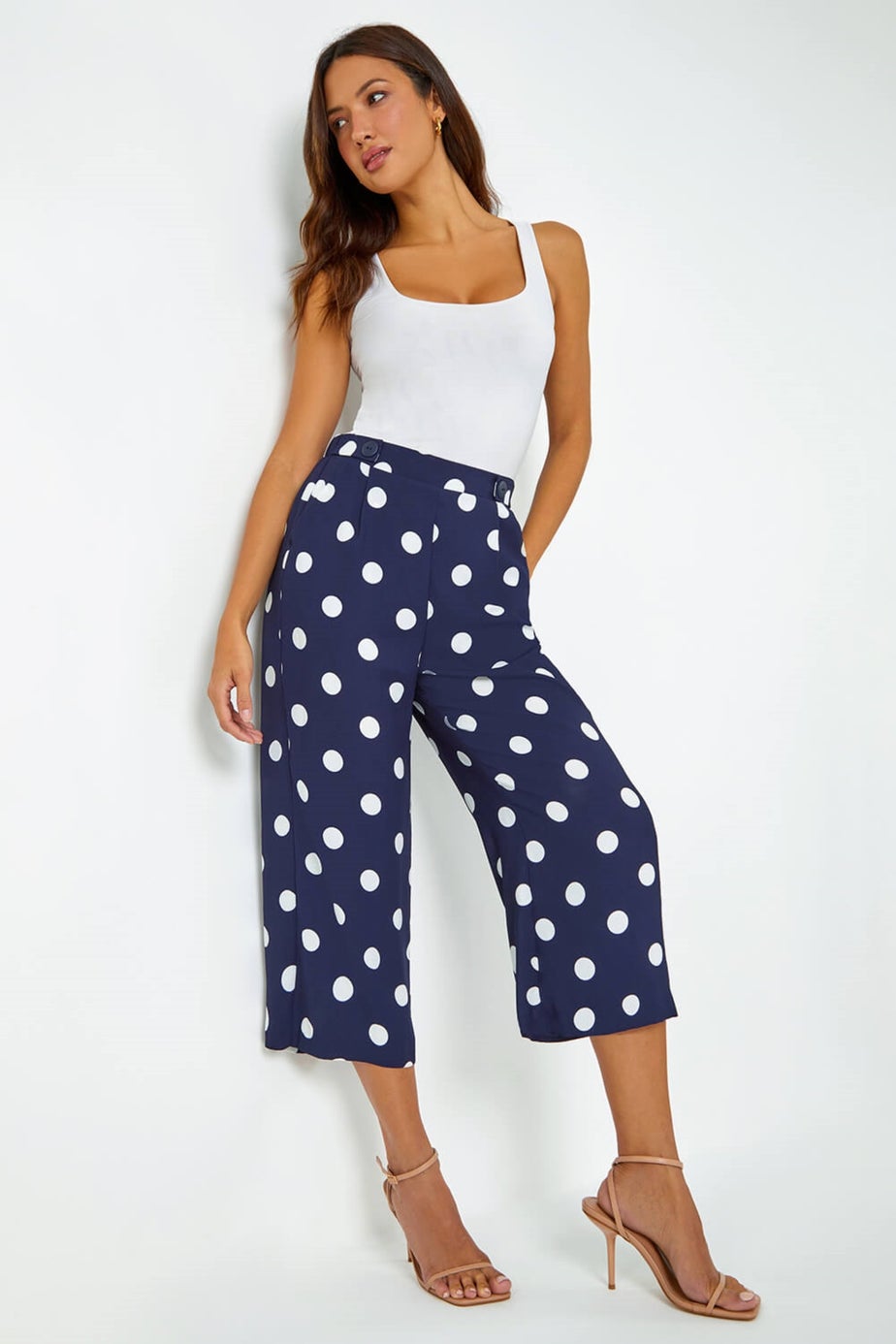 Roman Navy Polka Dot Elastic Waist Culotte Trousers