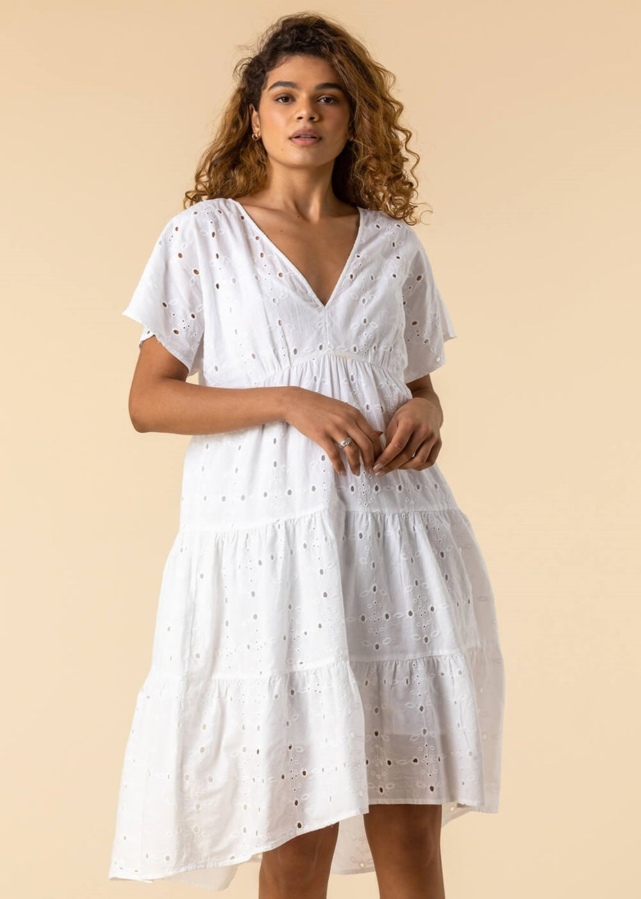 Roman Ivory Broderie Tiered Smock Skater Dress