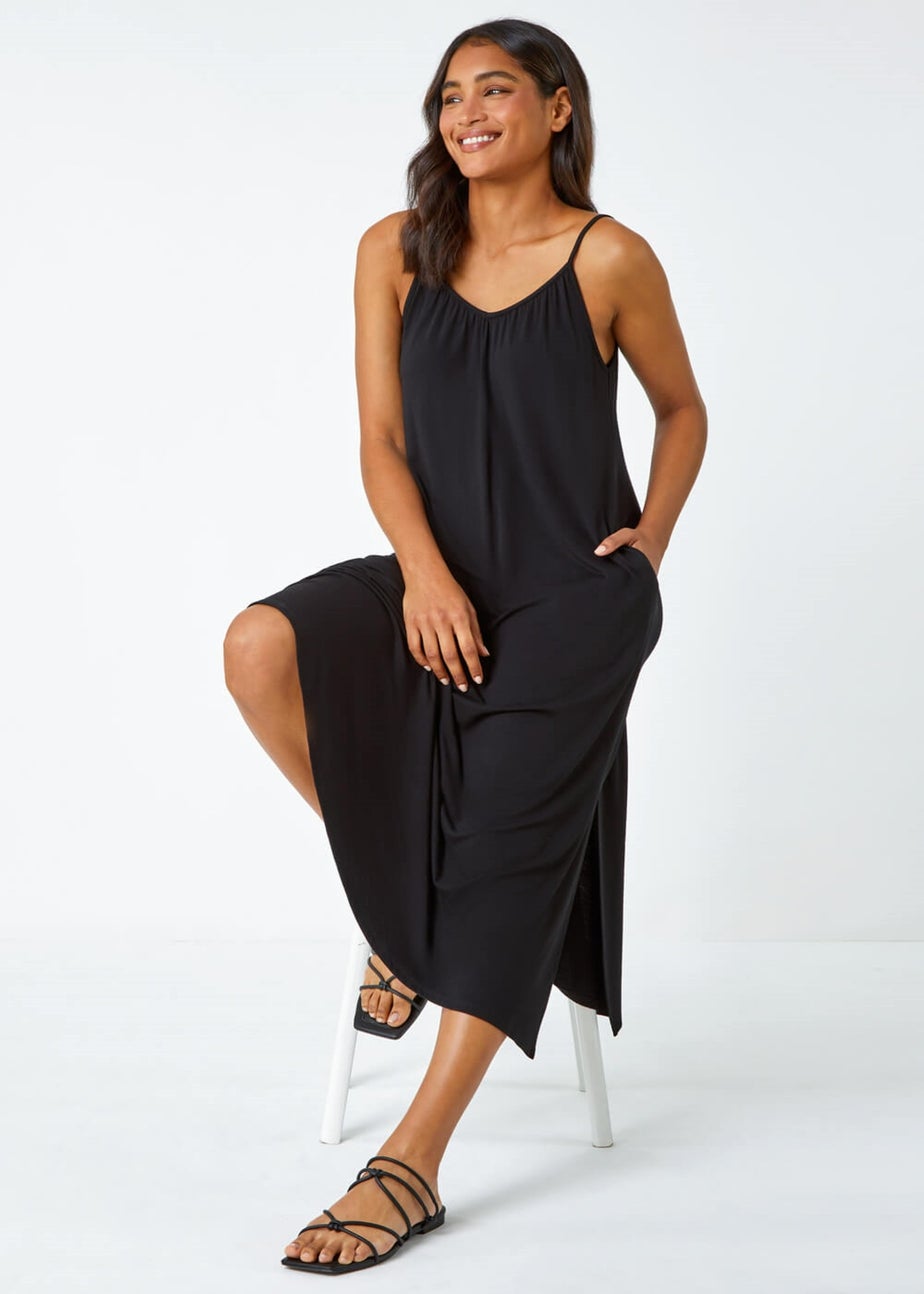 Roman Black Plain Stretch Jersey Pocket Midi Dress