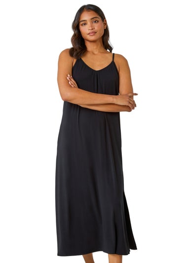 Roman Black Plain Stretch Jersey Pocket Midi Dress