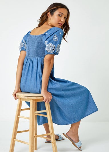 Roman Light Denim Cotton Embroidered Denim Midi Dress