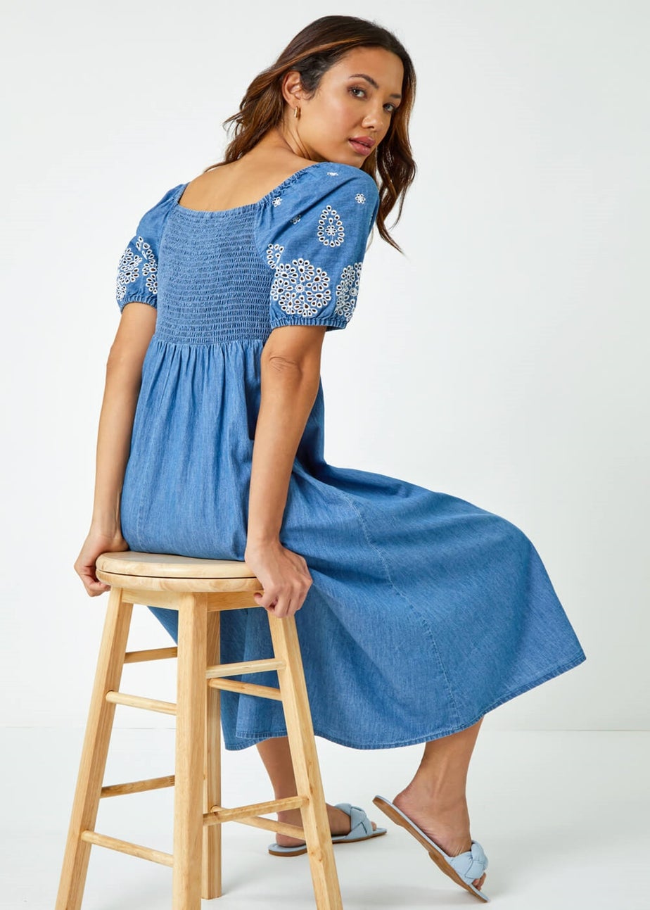 Roman Light Denim Cotton Embroidered Denim Midi Dress