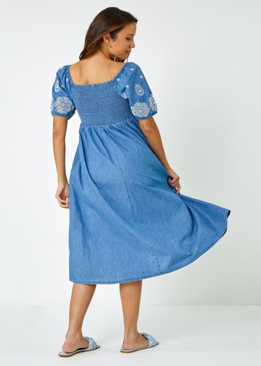 Roman Light Denim Cotton Embroidered Denim Midi Dress