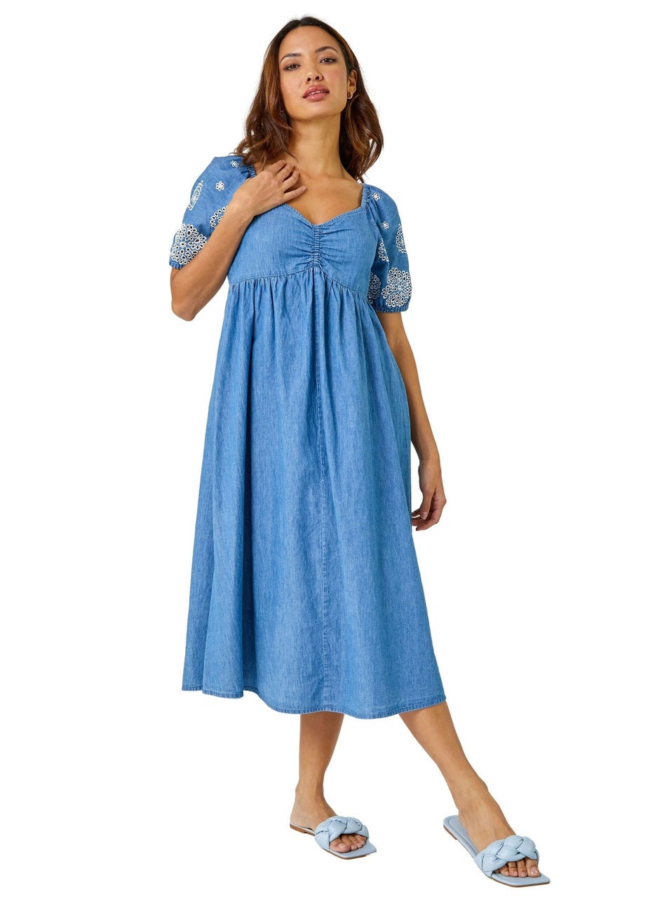 Roman Light Denim Cotton Embroidered Denim Midi Dress