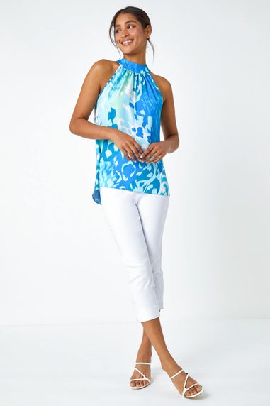 Roman Blue Animal Print Halterneck Tie Detail Top