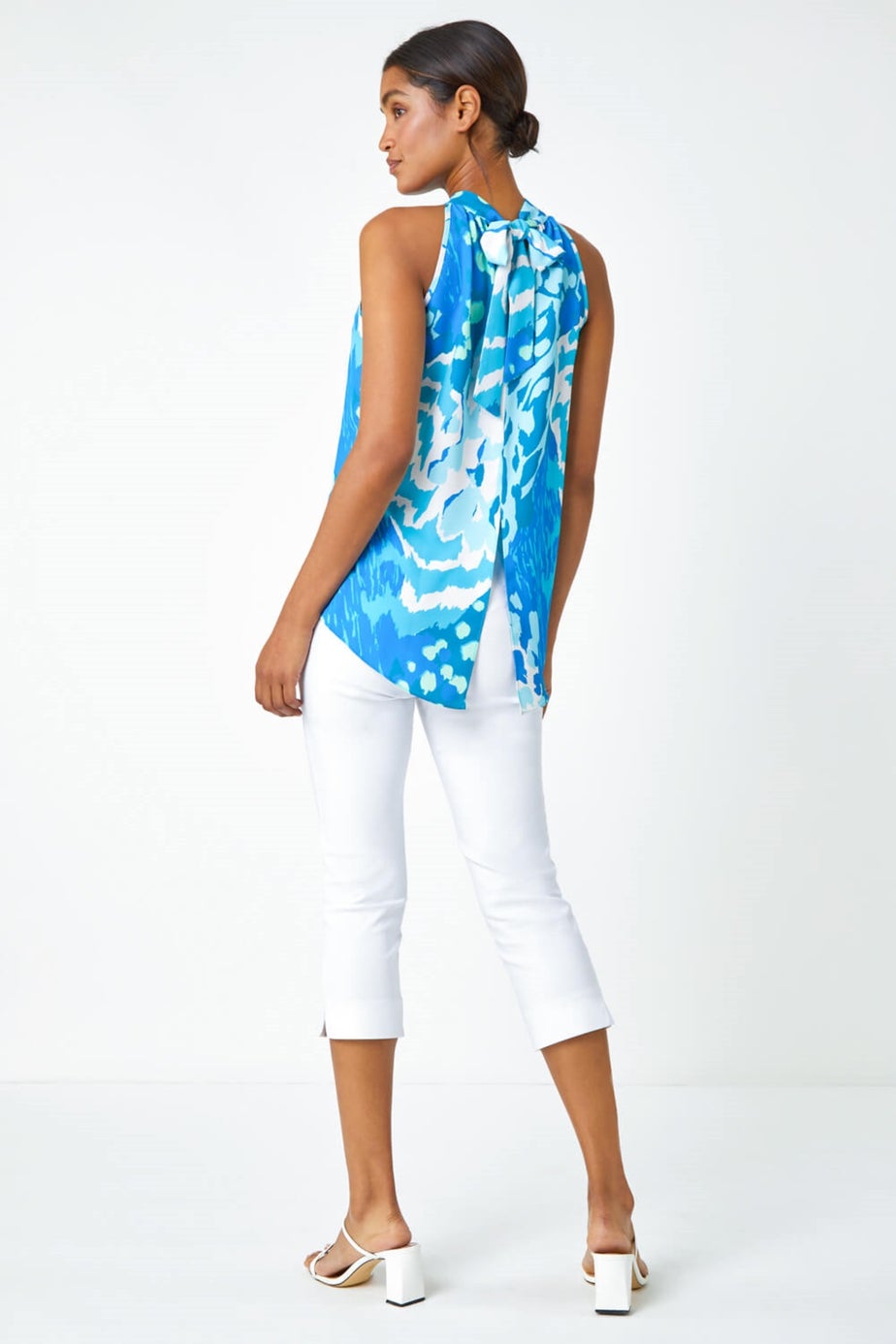 Roman Blue Animal Print Halterneck Tie Detail Top