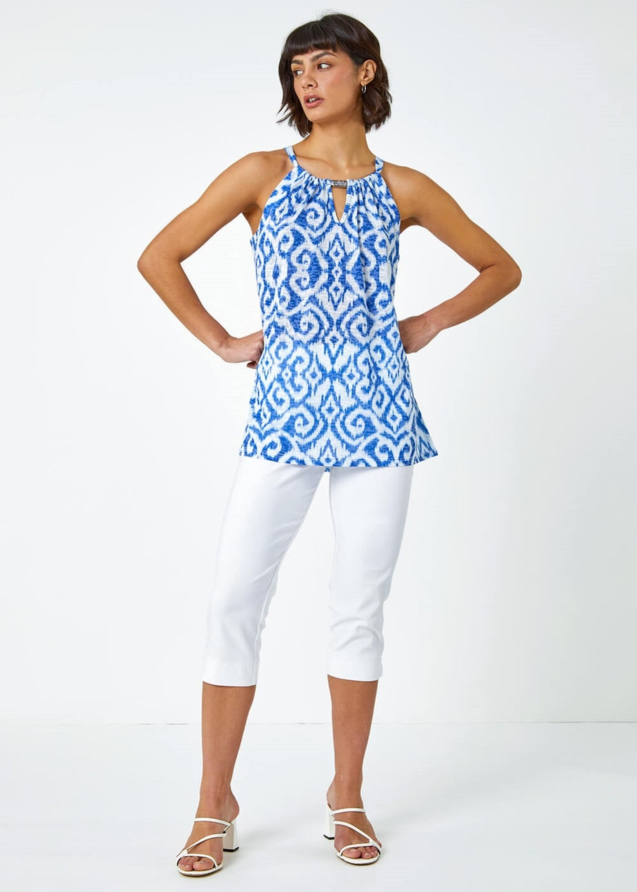 Roman Blue Aztec Print Halter Neck Top
