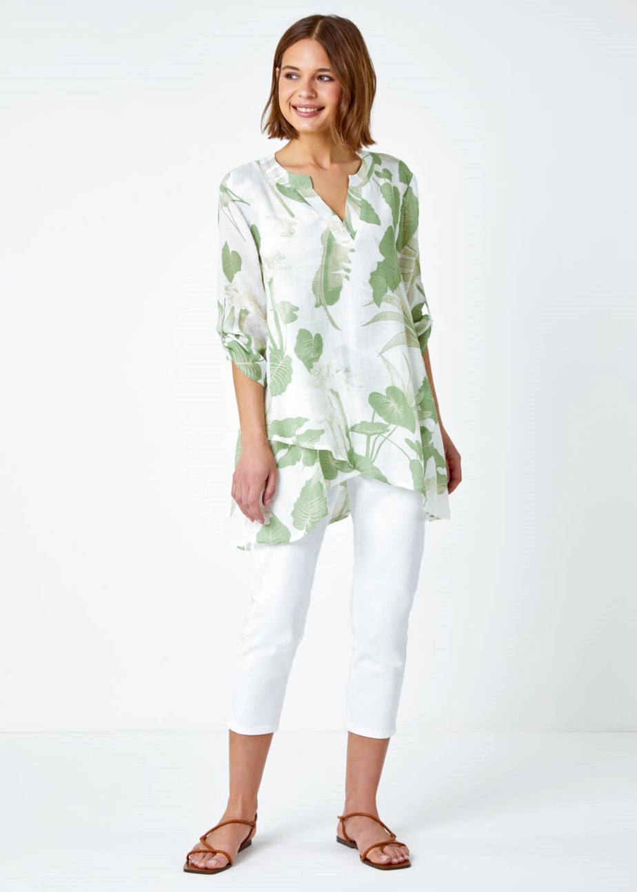 Roman Green Palm Print Wrap Hem Tunic Top