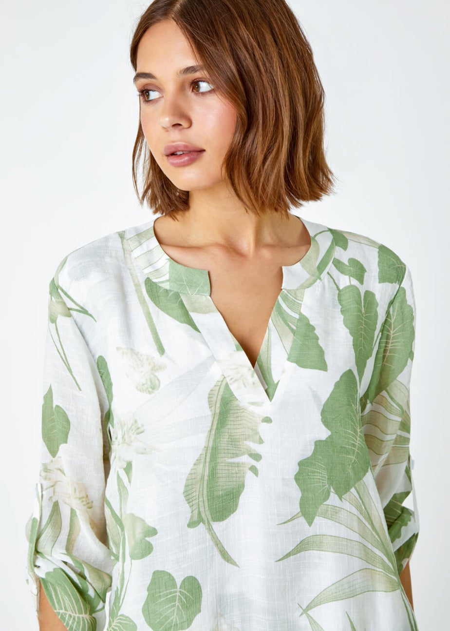 Roman Green Palm Print Wrap Hem Tunic Top