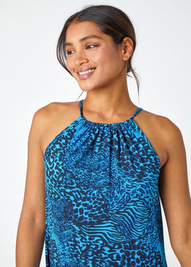 Roman Blue Animal Print Halter Neck Stretch Dress