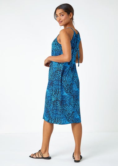 Roman Blue Animal Print Halter Neck Stretch Dress