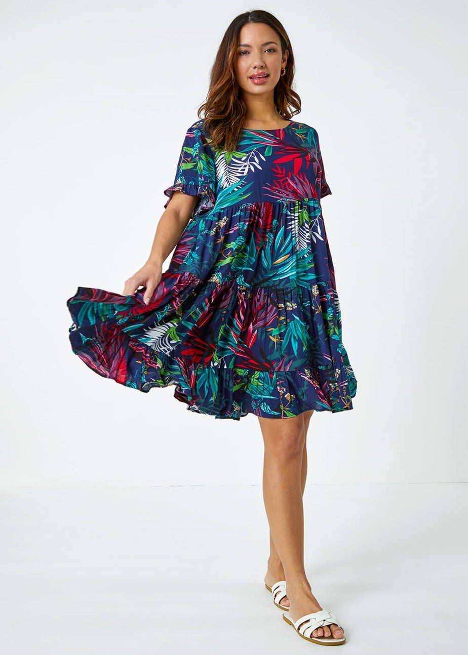 Roman Navy Tropical Frill Sleeve Tiered Smock Dress