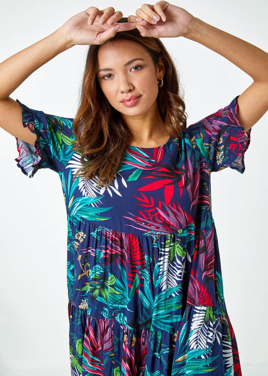 Roman Navy Tropical Frill Sleeve Tiered Smock Dress