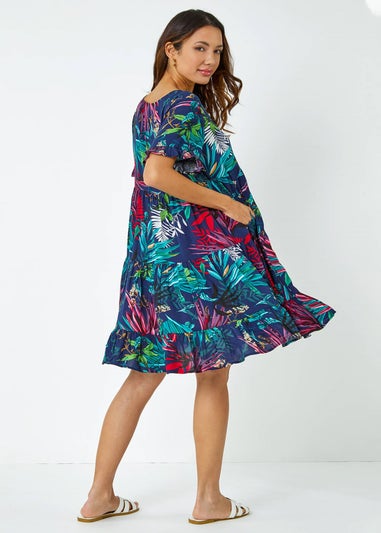 Roman Navy Tropical Frill Sleeve Tiered Smock Dress