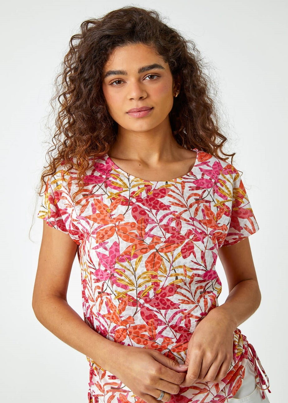 Roman Pink Leaf Print Side Tie Stretch Top