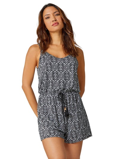 Roman Black Aztec Print Sleeveless Stretch Playsuit