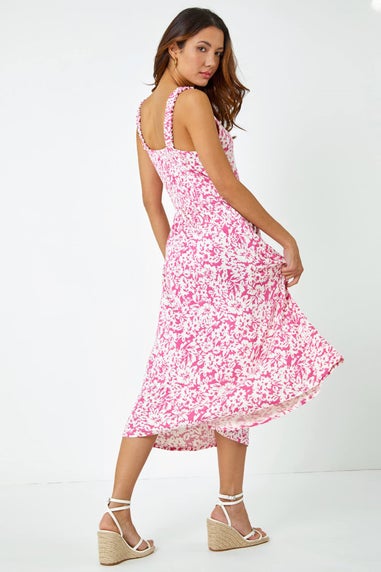 Roman Fuschia Sleeveless Floral Midi Stretch Dress