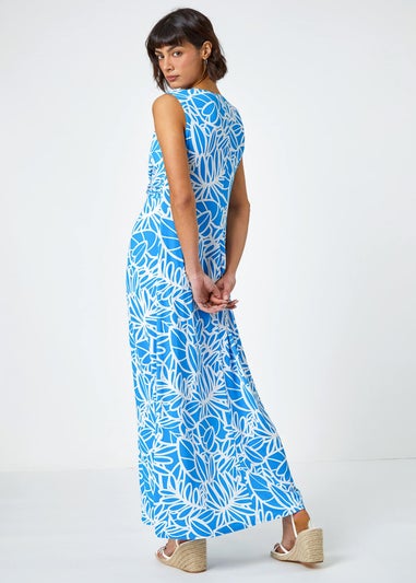 Roman Blue Floral Print Twist Front Maxi Dress