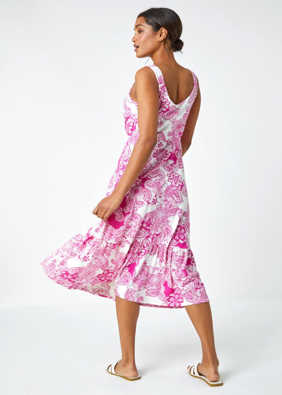 Roman Fuchsia Paisley Frill Hem Stretch Midi Dress