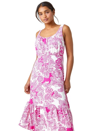 Roman Fuchsia Paisley Frill Hem Stretch Midi Dress