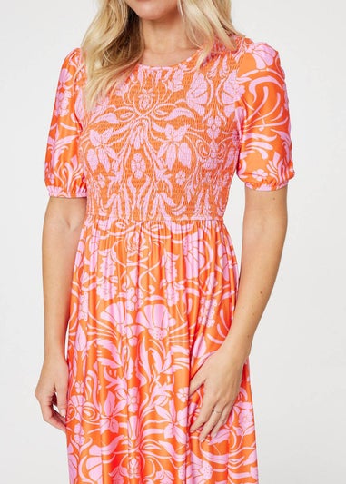 Izabel London Orange Floral Smocked Detail Midi Dress