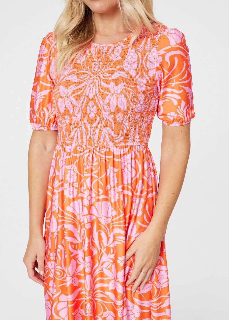 Izabel London Orange Floral Smocked Detail Midi Dress