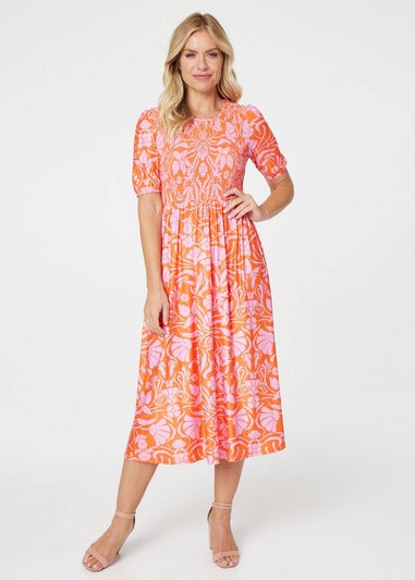 Izabel London Orange Floral Smocked Detail Midi Dress