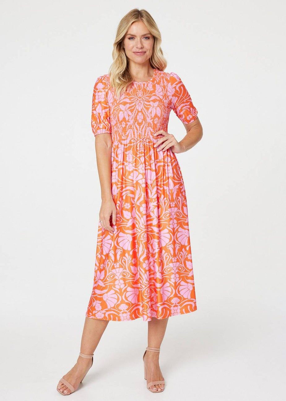Izabel London Orange Floral Smocked Detail Midi Dress
