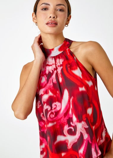 Roman Red Sleeveless Swirl Print Halter Neck Top