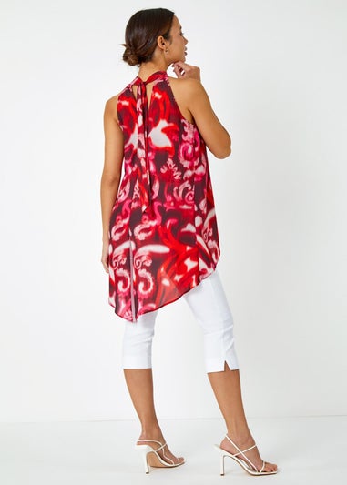Roman Red Sleeveless Swirl Print Halter Neck Top