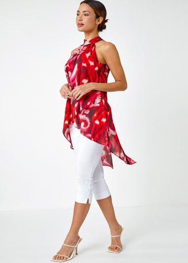 Roman Red Sleeveless Swirl Print Halter Neck Top