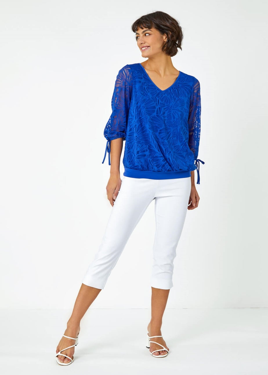 Roman Royal Blue Burnout Tie Sleeve Overlay Top